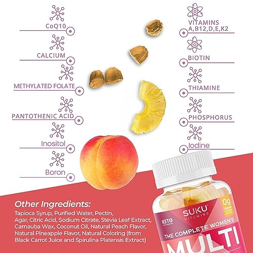 SUKU Vitamins - Complete Women's Multi - with Boron, Vitamin K2, B12, A and More for Women Health - Easy to Chew - Non GMO, Gluten Sugar Free - Pineapple & Peach Flavored Gummy Vitamins, 60 Count