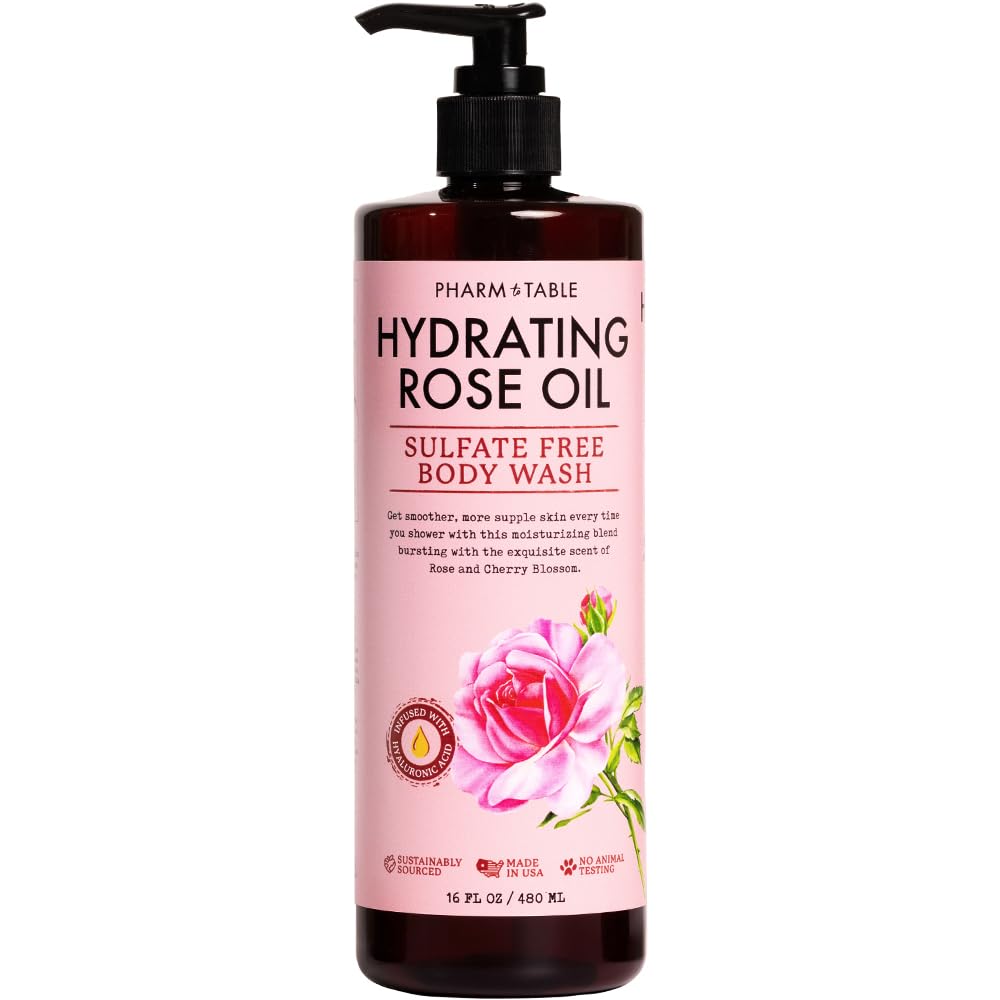 PHARM TO TABLE Hydrating Rose Oil Body Wash for Women and Men - Hydrates and Brightens the Skin, Sulfate Free, 100% Cruelty Free, 480ml