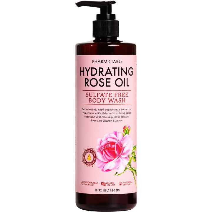 PHARM TO TABLE Hydrating Rose Oil Body Wash for Women and Men - Hydrates and Brightens the Skin, Sulfate Free, 100% Cruelty Free, 480ml