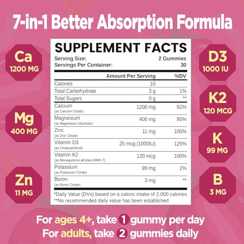 Calcium Citrate Gummies 1200 mg, Chewable Calcium Supplements for Women & Men with Vitamin D3, K2, Magnesium, Zinc, Potassium, Boron, Sugar-Free, Vegan, Immune & Bone Support, 60 Gummies