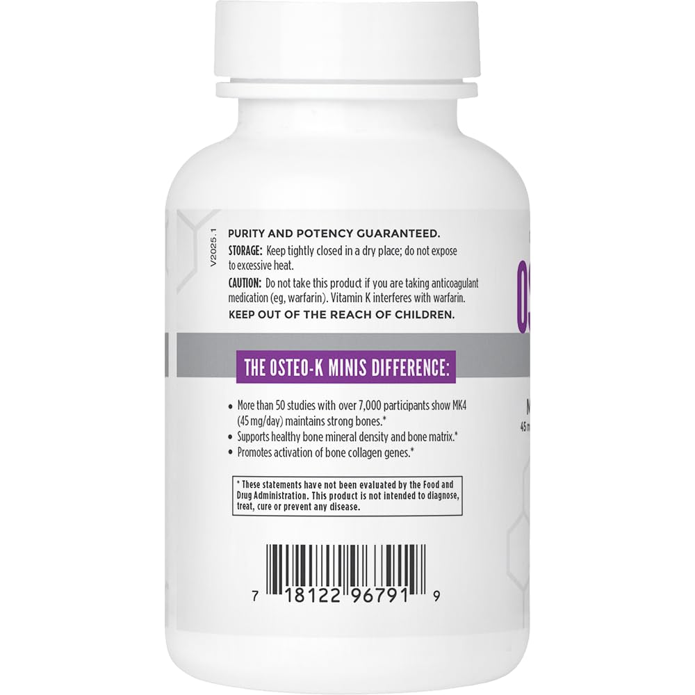 NBI Osteo-K Bone Support - Mini | Vitamin D & K Complex with Calcium Citrate Supplement | 45mg Vitamin K2 (MK4) for Strong Bone Health & Function | 120ct Veggie Capsules