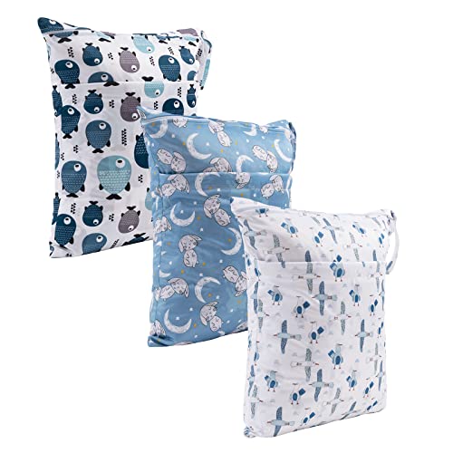 babygoal Wet Dry Bags for Baby Cloth Diapers, Washable Travel Bags, Beach, Pool, Gym Bag for Swimsuits & Wet Clothes with Two Zippered Pockets 3 Pack, 3LN28