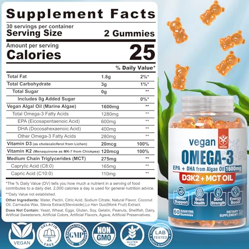 Vegan Omega 3 Gummies 1280mg + Vitamin D3 K2 (MK7), Omega 3 Fish Oil Alternative for Adults, w/Algae EPA 600mg & DHA 400mg, MCT Oil - No Fish Taste - for Brain, Eye, Immune Health, Sugar Free, 2 Pack