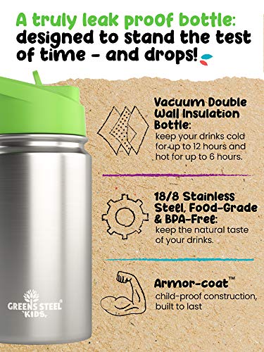 Kids Water Bottle - 12oz Stainless | Leak Proof With Straw & Handle | 24 Hours Cold | Insulated, Double Wall Stainless Steel | Easy Sip Toddler Cup | Child's Flask | Eco Friendly