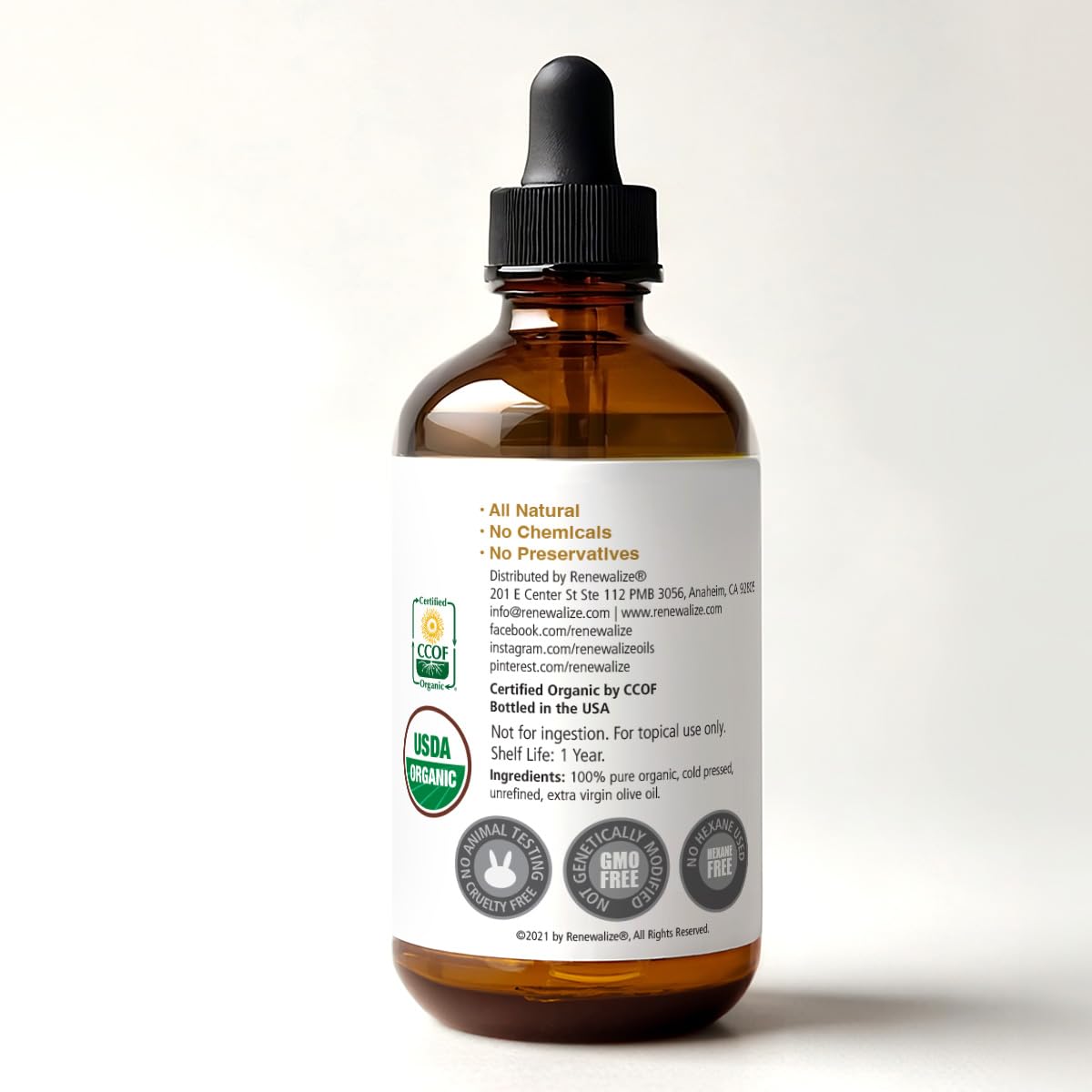 Organic Extra Virgin OLIVE OIL Skin Moisturizer in Convenient Sized 4 oz. Dark Glass Bottle with Glass Eye Dropper | Highest Quality 100% Pure , Unrefined , Cold Pressed Oil