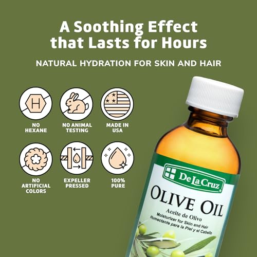 De La Cruz Pure Olive Oil - Natural Expeller Pressed Olive Oil for Hair and Skin - Lightweight Body Oil for Dry Skin 2 Fl Oz (1 Bottle)