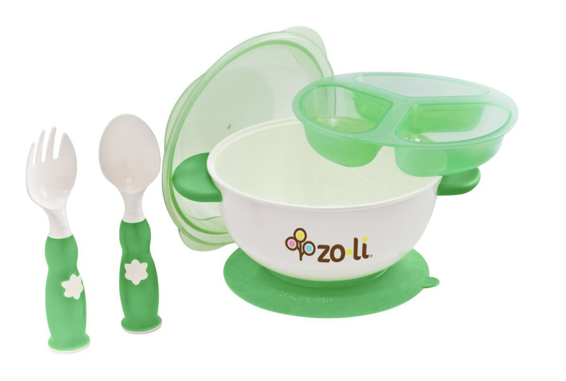 ZoLi Stuck Suction Bowl Kit | Includes Bowl, Tray, Fork & Spoon, Green