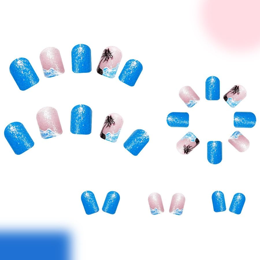 Short Press on Nails Summer Palm Tree Fake Nails Square Acrylic Nails Glossy Blue Glue on Nails with Sea Wave Beach Glitter Designs Stick on Nails Summer False Nails for Women Girls 24PCS