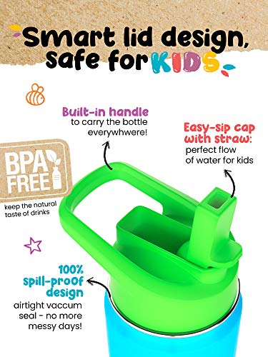 Kids Water Bottle - 12oz Stainless | Leak Proof With Straw & Handle | 24 Hours Cold | Insulated, Double Wall Stainless Steel | Easy Sip Toddler Cup | Child's Flask | Eco Friendly