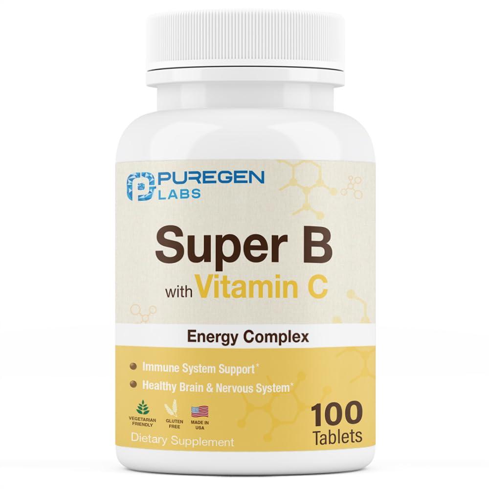 Puregen Labs Super B Energy Complex with Vitamin C - Immune Health, Energy & Nervous System Support - Non-GMO, Gluten-Free 100 Vegetarian Tablets