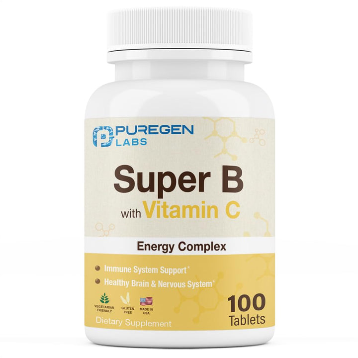 Puregen Labs Super B Energy Complex with Vitamin C - Immune Health, Energy & Nervous System Support - Non-GMO, Gluten-Free 100 Vegetarian Tablets
