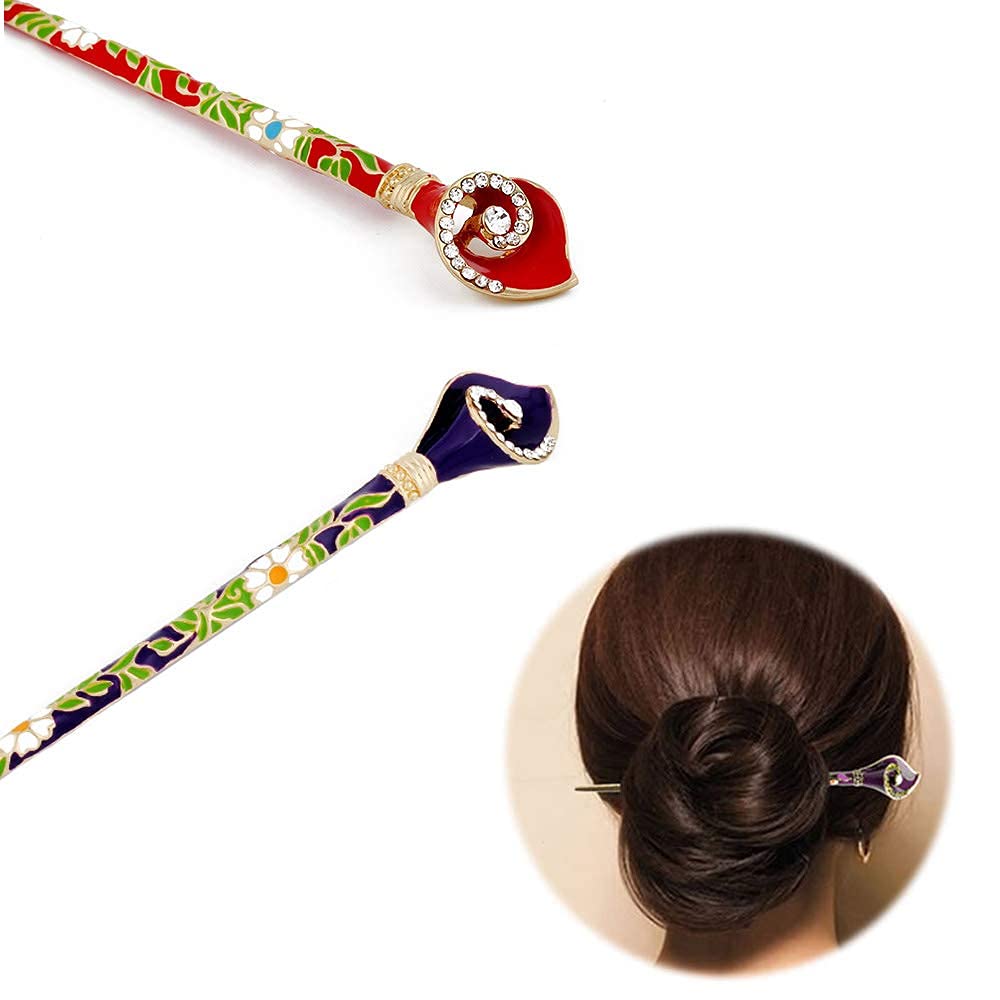 Ximimark Chinese Ethnic Landscape Hair Pin Hair Chopsticks Metal Rhinestone Handmade Hair Stick Hair Clip 2Pcs(Blue&Green)