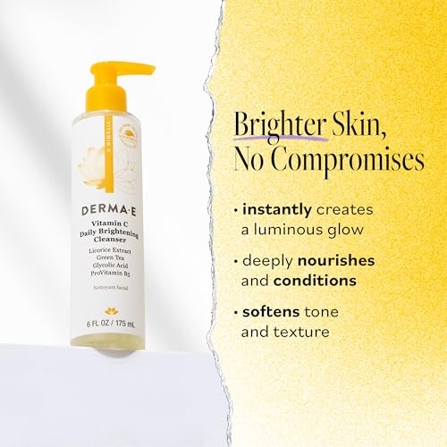 Derma E Vitamin C Brightening Cleanser - Glowing Skin with Licorice Extract, Green Tea & Glycolic Acid, 6 fl oz