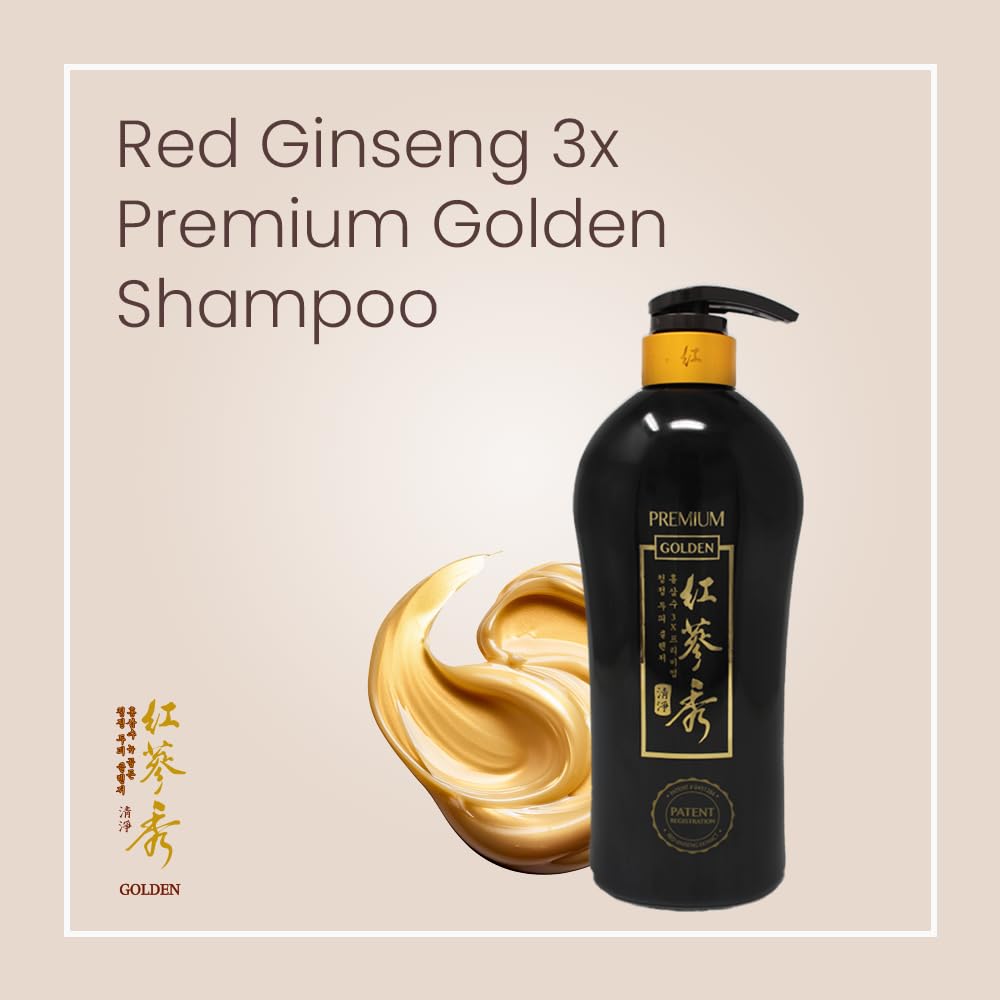 Red Ginseng 3X Premium Golden Shampoo 24.68 fl.oz (730ml) with a 6-year-aged Korean Red Ginseng revitalizes all Hair Types. It soothes itchy Scalp and strengthens thinning Hair [Naisture]