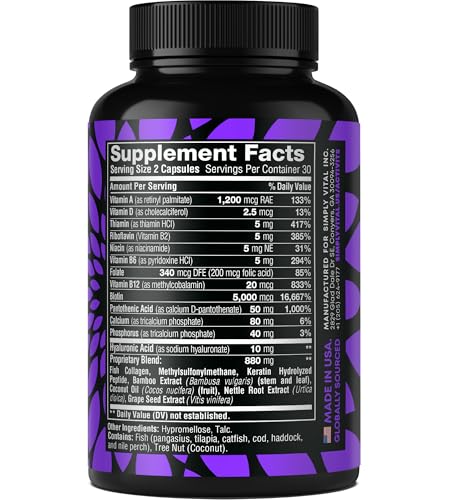 Biotin and Collagen Supplements with Keratin - Hair Vitamins - Hair Skin & Nails Vitamins with Biotin, Collagen, B Complex - Made in USA - Biotin Supplement for Strong Hair, Skin & Nails - 60 Capsules