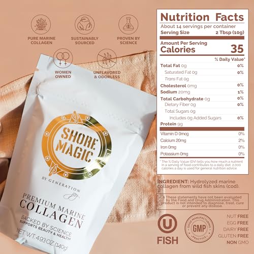 Shore Magic Premium Marine Collagen Powder with Type I II III and IV, Hydrolyzed Peptides for Women and Men, Sourced from Wild Fish, Certified Kosher, Unflavored, Sustainable 4.93 Oz Pouch