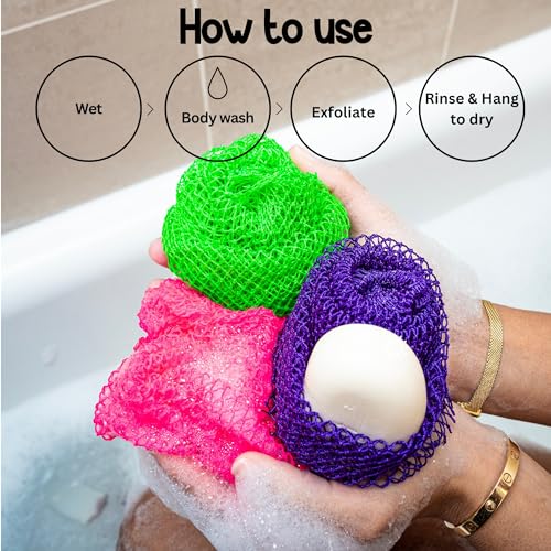 AFRIKI African Net Sponge, African Exfoliating Sponge, Black Owned, Exfoliating Washcloth, Body Exfoliator for Bath and Shower, Back Scrubber, Dead Skin Remover (Yellow, Purple, 1 Count (Pack of 2))