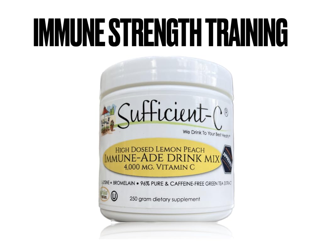 Sufficient-C High-Dosed 4000 mg. Vitamin C Lemon Peach Immune-Ade Drink Mix 250 gram Size - Refreshing with Generously Dosed L-lysine, Bromelain & 96% Pure, Caffeine-Free Green Tea Extract