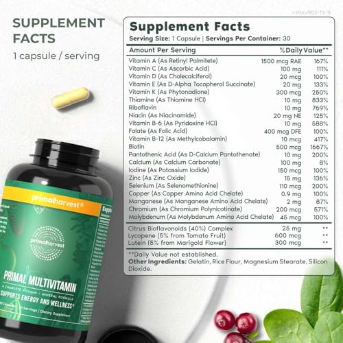 Primal Harvest Primal Multivitamin - Daily Multi-Vitamin Supplement with 21 Essential Vitamins & Minerals for Women & Men - Vitamin A, C, D, E, B12, B6, Biotin, Folic Acid, Zinc, Copper & Selenium