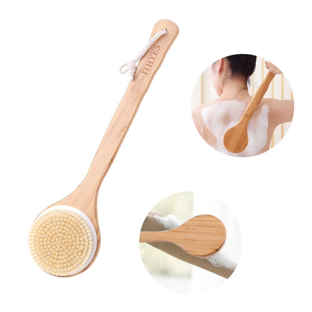 Ithyes Body Brush Dry Brushing Back Scrubber Shower Bath Brush Bamboo Wood Long Handle Natural Bristles exfoliating Massage Improve Blood Circulation Cellulite
