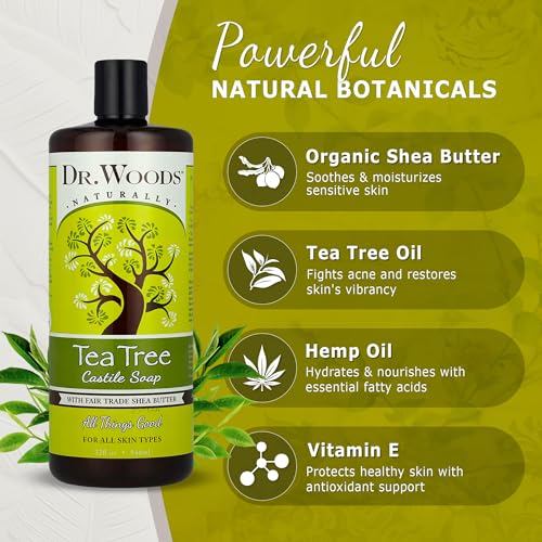 Dr. Woods Tea Tree Liquid Castile Soap - Castile Soap with Pure Tea Tree Oil, Body Wash for Men and Women, Contains Organic Shea Butter, Natural Cleaner for Face, Hands, and Body - 32 Fl Oz