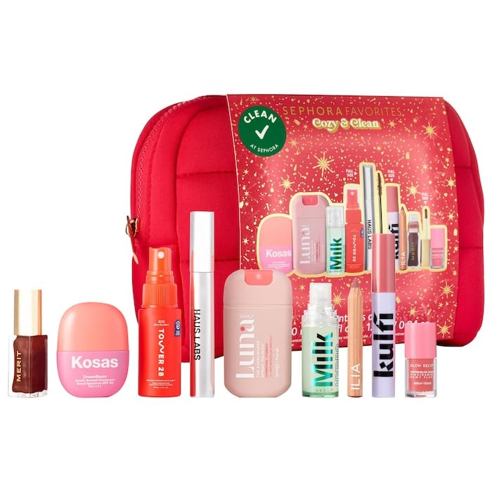 Sephora Cozy & Clean Makeup Holiday Gift Set – 9 Clean Beauty Essentials with Lip, Primer, Mascara & Skincare