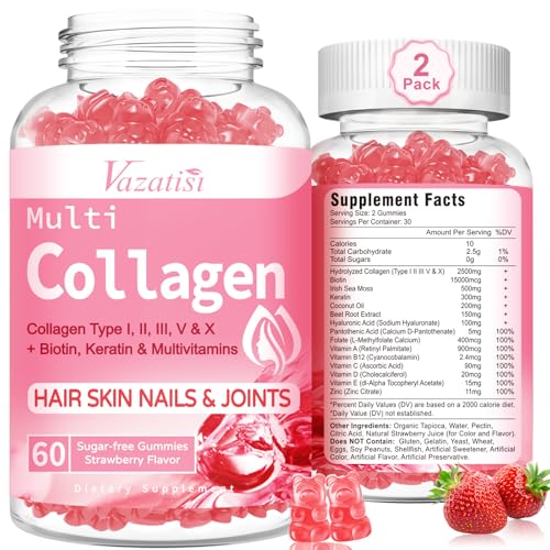2 Pack Collagen Gummies for Women Men, Sugar Free Protein Collagen Gummies, Hydrolyzed Collagen Peptide Type I II III V X with Biotin Vitamin C A B D E for Skin Hair Nails