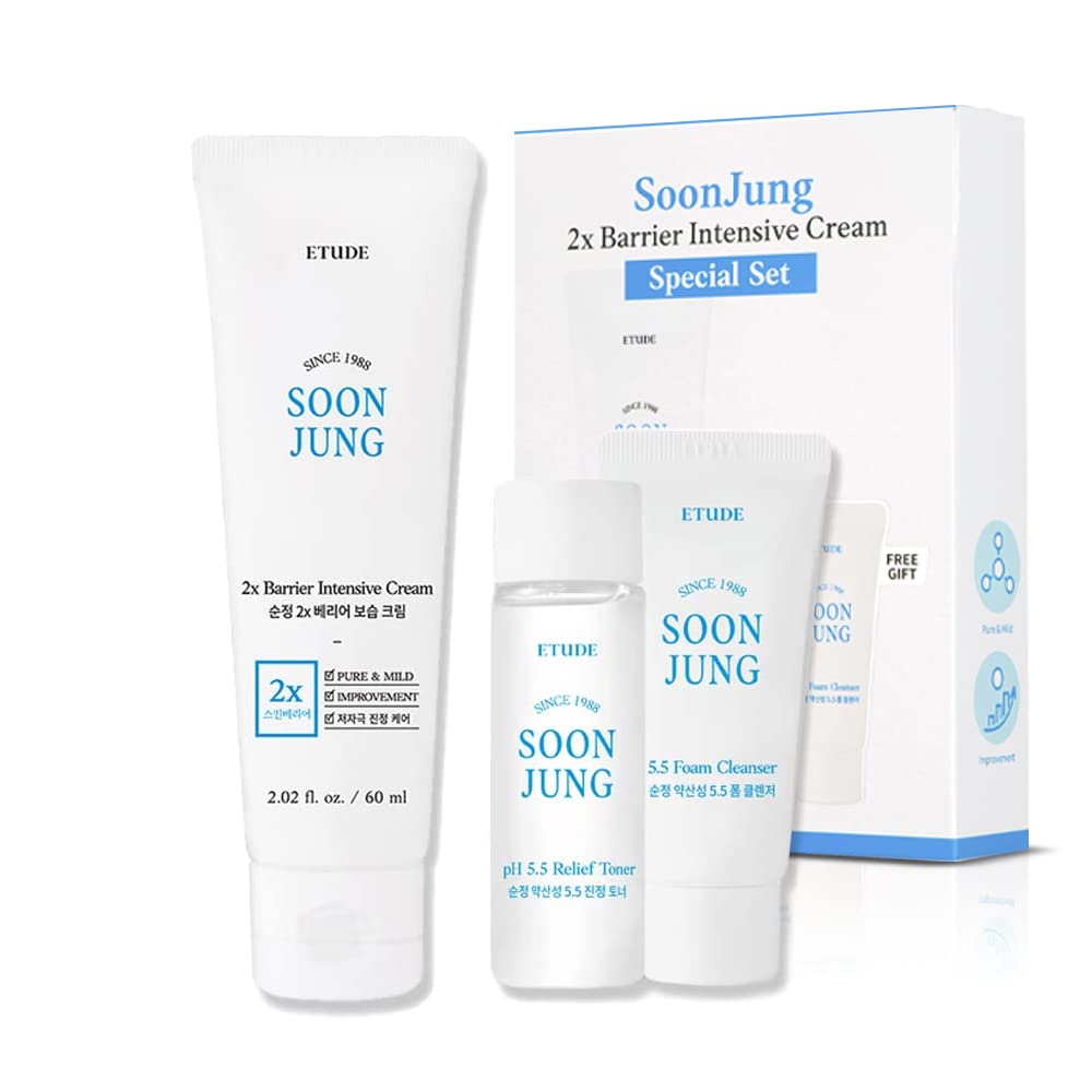ETUDE Soonjung 2x Barrier Intense Cream Set | 2x Barrier Cream 2.02fl.oz + Ph 5.5 Relief Toner 0.85 Fl.oz. + Foam Cleanser 0.68 Fl.oz. | Oil & Water Balance, Korean Skin Care, Perfect Gift