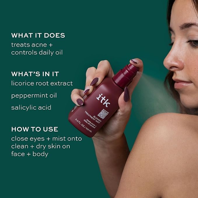 ITK Skincare 2% Salicylic Acid Spray for Face & Body Acne - Blemish-Fighting Treatment for Body Acne, Bacne, Blackheads, Pimples & Blemishes - BHA Blemish Facial Mist Post Workout - 3.3oz Spray Bottle