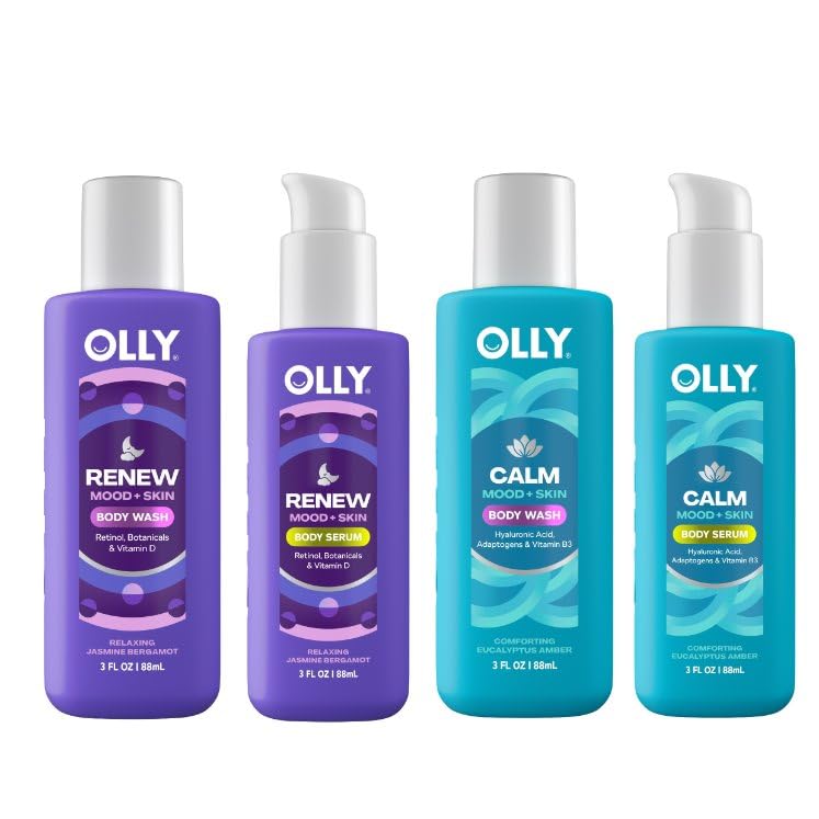 OLLY Vitamins Mini Body Serum & Body Wash Mixed Pack 4 Count Repairs Skin Barrier & Soothe Stress, TSA Approved