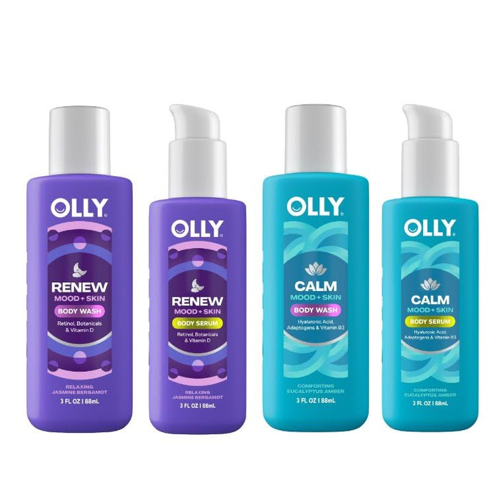 OLLY Vitamins Mini Body Serum & Body Wash Mixed Pack 4 Count Repairs Skin Barrier & Soothe Stress, TSA Approved