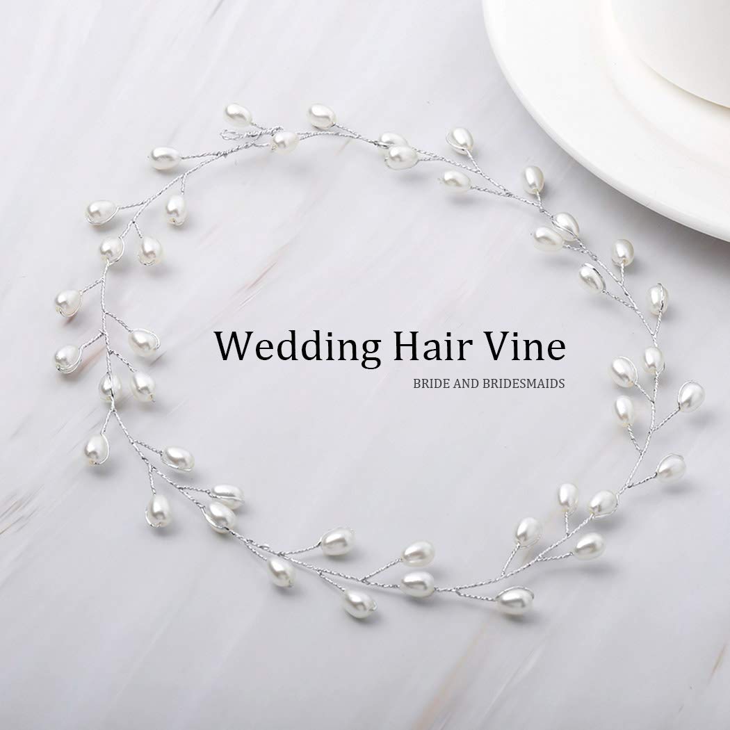 Catery Bride Wedding Headband Pearl Hair Vine Braid Headpieces Bridal Hair Accessories for Women(Sliver)