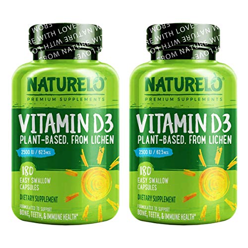NATURELO Vitamin D3 - Lichen-Powered Immune Boost, with 2500 IU for Bone Health - Whole Food Formula - Vegan Gluten-Free - 180 Mini Capsules (Pack of 2)