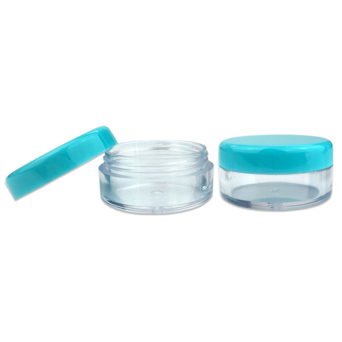 (Quantity: 100 Pieces) Beauticom 5G/5ML Round Clear Jars with TEAL Sky Blue Lids for Scrubs, Oils, Toner, Salves, Creams, Lotions, Makeup Samples, Lip Balms - BPA Free