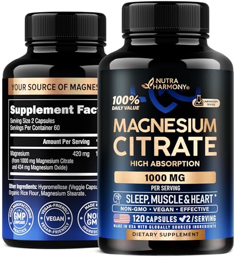 Magnesium Citrate Capsules 1000mg | High Absorption Supplement - Sleep, Muscle & Heart Support - Vegan | Non-GMO - Made in USA - As Powder | Pills | Tablets - 120 Capsules, 2 Month Supply