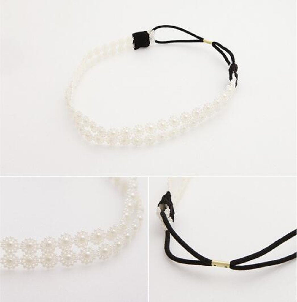 Nicedmm 2 Pcs Fashion Double Layer Hair Rope Artificial Pearl Snowflakes Headband - Flowers Hair Ornaments Hair Bands Headdress for Women Lady Girl