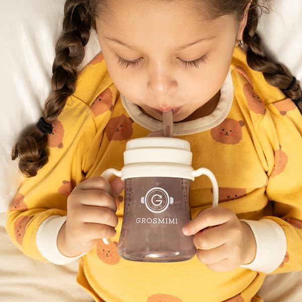 GROSMIMI Spill Proof no Spill Magic Sippy Cup with Straw with Handle for Baby and Toddlers, Customizable, PPSU, BPA Free 6 oz (White)