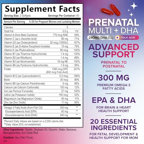 Women's Prenatal Multivitamin with Folic Acid + DHA, Prenatal Vitamin Supplement for Fetal Support w/Folate, Omega 3, Vitamins D3, B6, B12 & Iron, Pregnancy Prenatal DHA, Non-GMO - 120 Softgels