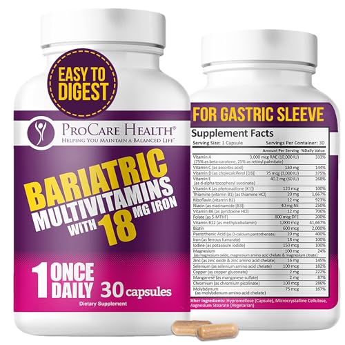 ProCare Health Bariatric Multivitamin with Iron 18mg (30 Easy to Swallow Capsules) - Post Op Bariatric Vitamins for Gastric Bypass Pills - Bariatric Must Haves for Sleeve Patients (1 Month Supply)