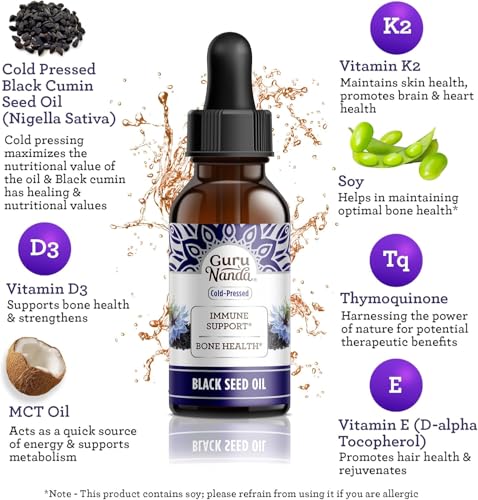 GuruNanda Black Seed Oil, Cold-Pressed Nigella Sativa - Rich in Vitamin D3 5000 Units, K2 & E, High Thymoquinone | Potent Antioxidant for Immune Support, Non-GMO, 2 Fl.oz