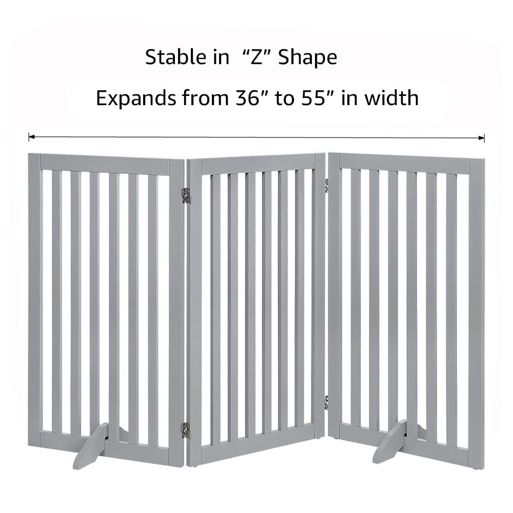 Unipaws Indoor 3 Panels Classic Freestanding Wooden Foldable Pet Gate with Support Feet - Grey, 20 W x 36 H