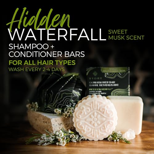 Viori Hidden Waterfall Shampoo and Conditioner Bar Set and Bamboo Holder - Made with Rice Water for Hair Growth - Handcrafted Sulfate Free Shampoo and Conditioner