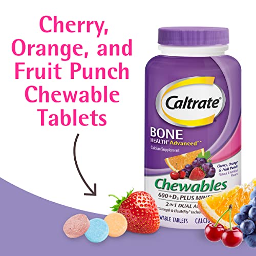 Caltrate Chewables 600 +D3 Plus Minerals Calcium and Vitamin D, Sugar Free, Cherry, Orange and Fruit Punch, 155 count