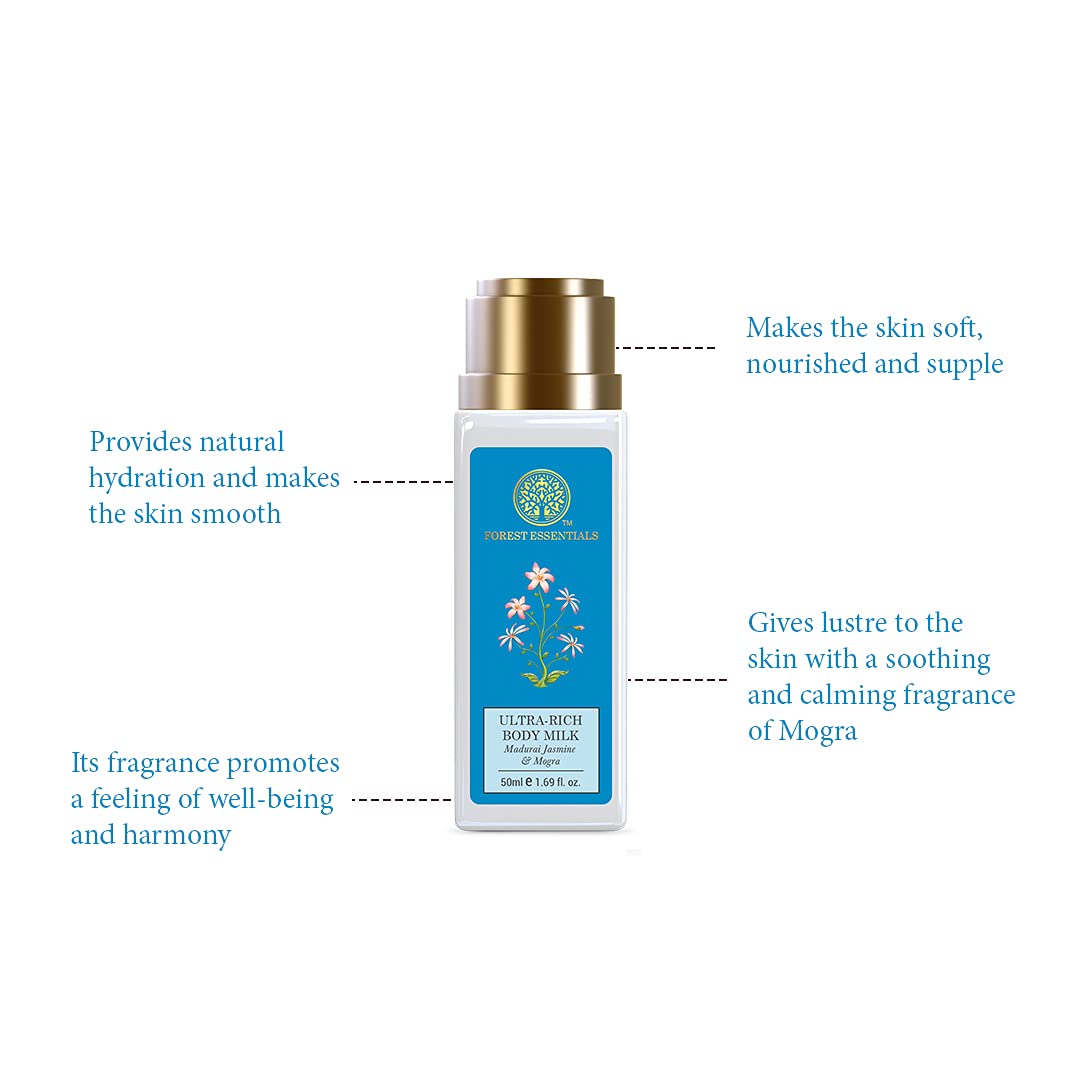 Forest Essentials Travel Size Ultra-Rich Body Milk Jasmine & Mogra | Natural Moisturizing Body Lotion For Instant Hydration | Ayurvedic Body Moisturizer, Paraben Free| For Women & Men | 50 ml