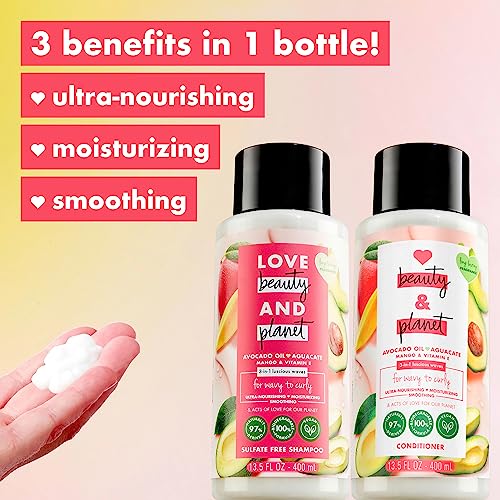Love Beauty Planet Shampoo and Conditioner, Avocado Oil (Aguacate), Mango & Vitamin E - Sulfate-Free Shampoo & Conditioner, Wavy Hair & Curly Hair Products, Scented 13.5 Oz (2 Piece Set)