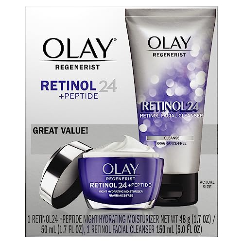 Olay Retinol 24 Duo Pack, Renewing Exfoliating Cleanser, FragranceFree 5.0 FL oz, Night Moisturizer, Fragrance-Free, 1.7 oz, 4ct Retinol Cleansing Melts