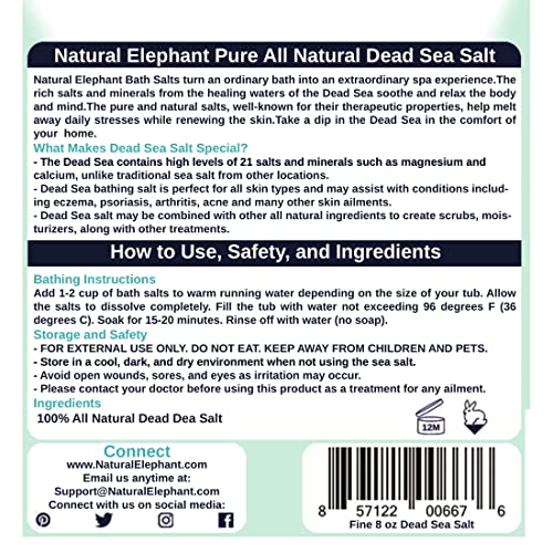 Natural Elephant Dead Sea Bath Salt | 8oz Travel Size | 100% Natural and Pure | Fine Grain | Ideal for Baths and Soaks