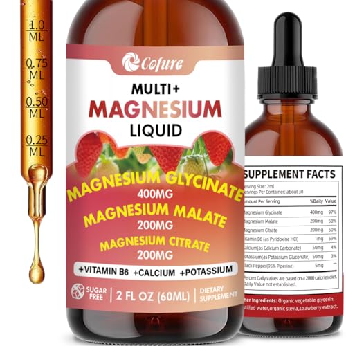 (2 Fl Oz) Magnesium Glycinate, Citrate, Malate, 900mg Triple Magnesium Liquid Supplement with Potassium, Calcium, Vitamin B6 for Calm, Sleep, Muscle, Energy- Sugar Free