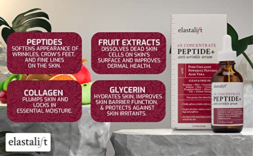 Elastalift Peptide Facial Serum Moisturizer Skin Care Oil For Face, Wrinkles, Fine Lines, & Puffiness. Moisturizing 6X Peptide Concentrate Serum W/Collagen Plumps, Lifts, Evens Skin Tone, 1.75 Fl Oz