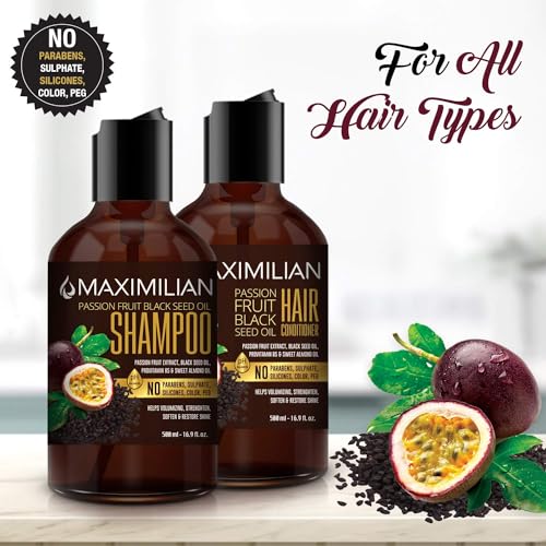 Maximilian Passion Fruit Black Seed Oil Curly Hair Shampoo and Conditioner Set- Extra Volumizing, Strengthing, Moisturizing, Hydration and Shine - Sulfate Paraben Free - (2 x 16.9 Fl Oz / 500mL)